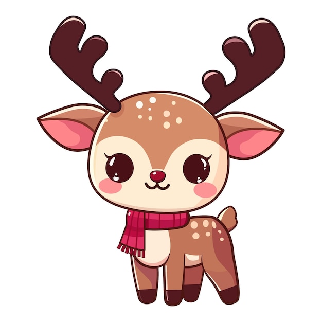 Cute reindeer with horns red scarf christmas cartoon vector illustration