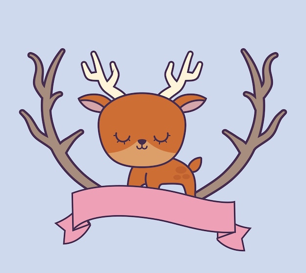 Cute reindeer with ribbon and branches