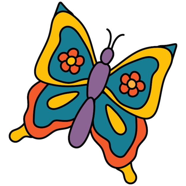 Cute retro butterfly Cartoon style White background isolate Vector illustration