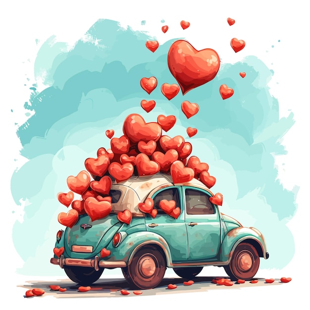 A cute retro car full of hearts vector art