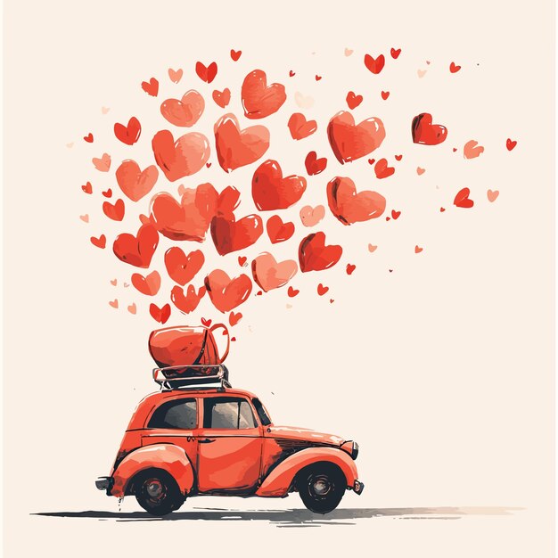 A cute retro car full of hearts vector art