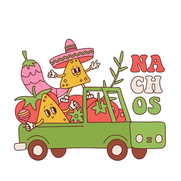 Cute retro cartoon nacho characters in pickup with fresh vegetables for cooking salsa sauce Vector ventage mascot illustration design Isolated on white background Mexican harvesting