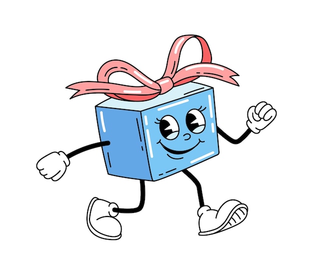 cute retro character concept blue gift boxes with legs in old style back to 80s and 90s hippie era present and surprise cartoon flat vector illustration isolated on white background