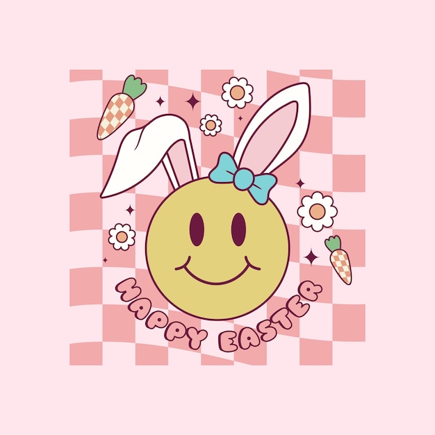 Vector cute retro illustration of happy face with bunny ears for easter holidays