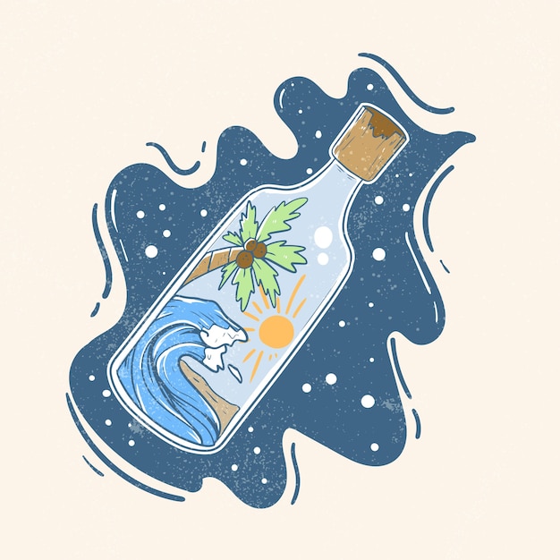 Vector cute retro paradise in magic bottle illustration