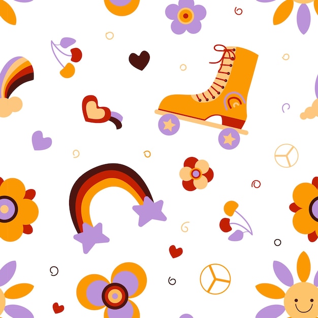 Cute retro roller skates seamless pattern background. vintage 70s style texture. cool hippie vector