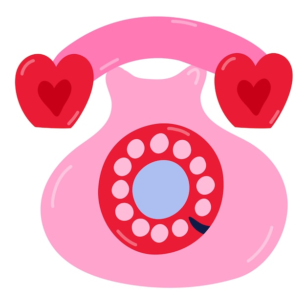 Vettore carino clipart telefono retrò con quadrante e cuori illustrazione vettoriale disegnato a mano isolato su sfondo concetto di romanticismo d'amore 14 febbraio per l'album dei media adesivo carta di san valentino