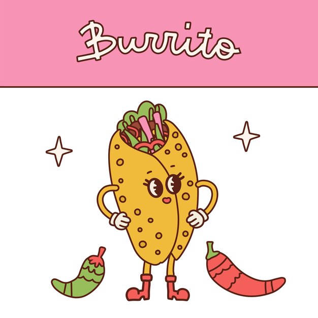 Vector cute retro toon burrito character isolated on white background vector vintage masocot hand drawn style illustration hand drawn vector illustration trendy classic retro cartoon style 30s