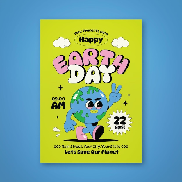 cute retro trendy cartoon character earth day poster