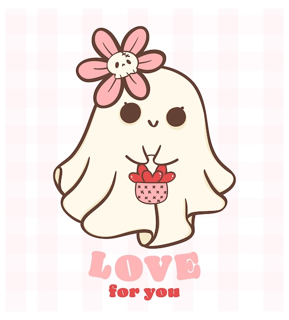 Vector cute retro valentine ghost with red hearts spooky love doodle in kawaii style hand drawing