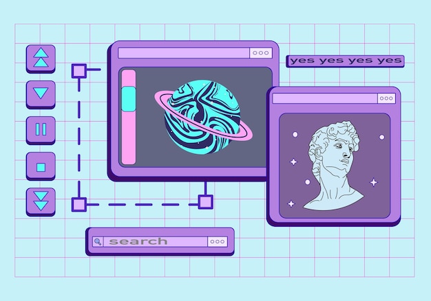 90 年代の Vaporwave のメッセージ レトロなブラウザ コンピューター ウィンドウとかわいいレトロな Vaporwave デスクトップ