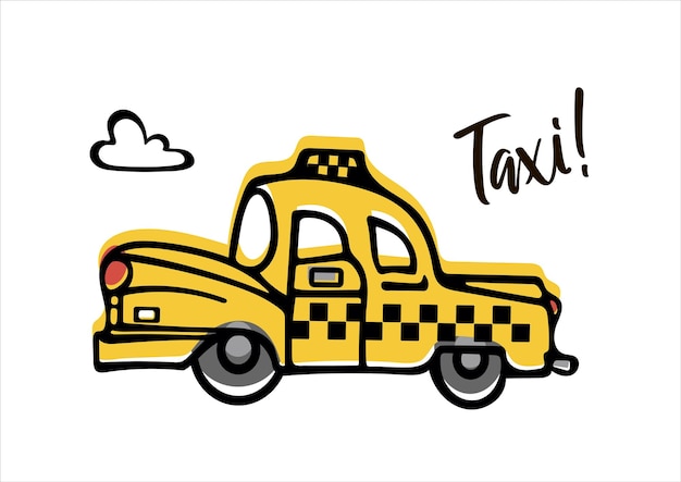 귀여운 복고풍 노란색 택시 차가 도로를 따라 돌진합니다. 낙서 스타일의 어린이 그림 스티커 포스터 엽서 디자인 요소