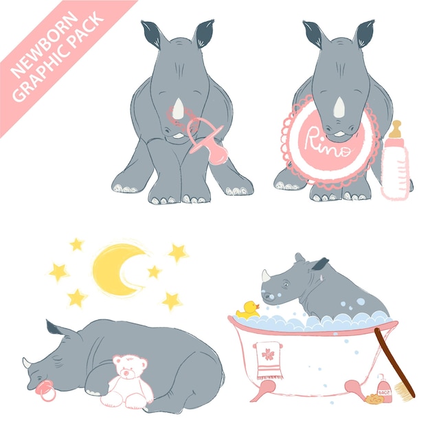 Cute rhino baby girl celebrating newborn isolated on white background vector illustration set