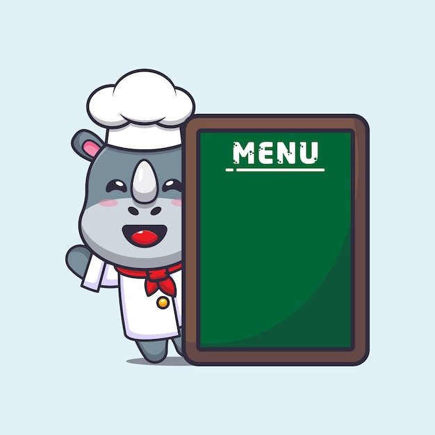 cute rhino chef mascot cartoon character with menu board