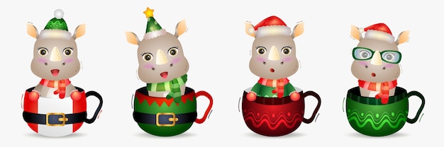 Cute rhino christmas characters collection with a hat