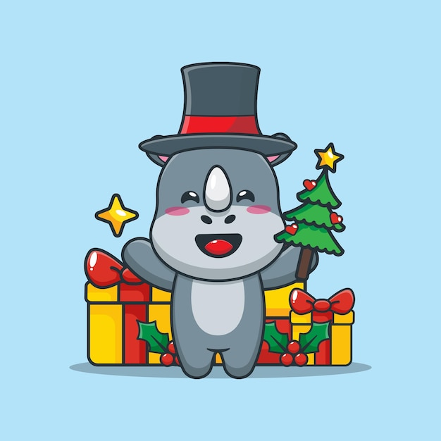 Cute rhino in christmas day holding christmas tree and star cute christmas cartoon illustration