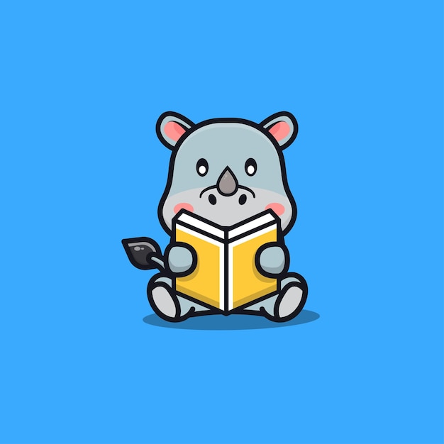Cute rhino reading book cartoon illustration