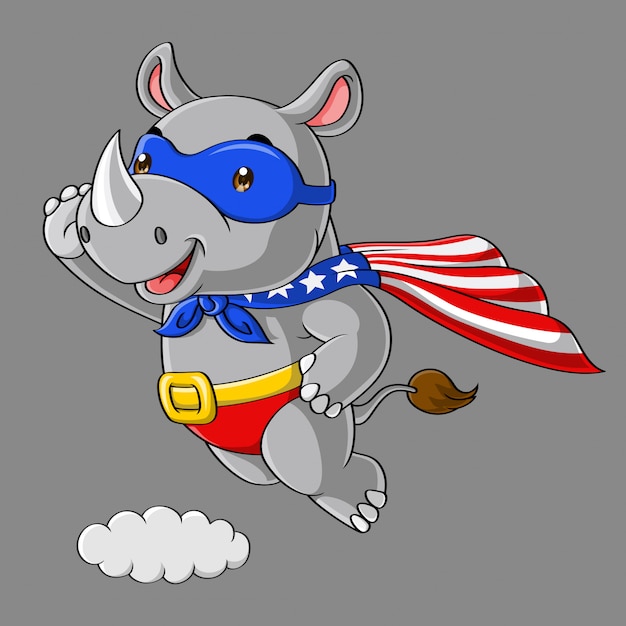 Cute rhino super hero cartoon, flying in the sky, hand drawn