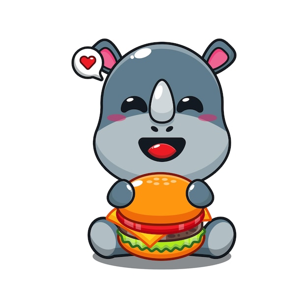 cute rhino with burger cartoon vector illustration