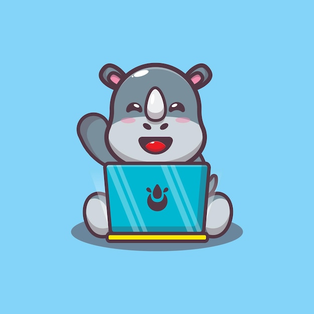 cute rhino with laptop cartoon vector illustration