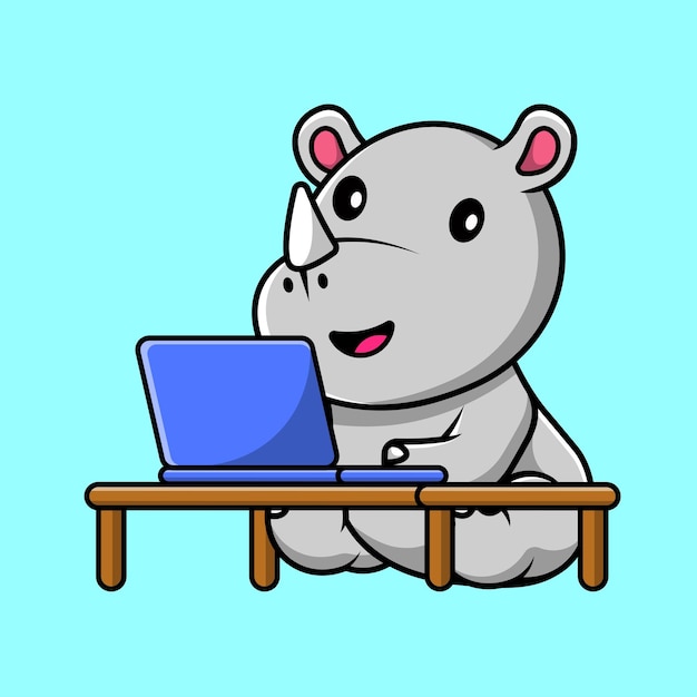 Cute Rhino Working On Laptop Cartoon Vector Icon Illustration