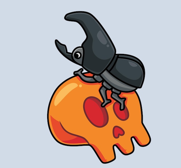 Simpatico scarabeo rinoceronte sul teschio gigante. illustrazione animale di halloween del fumetto isolato. stile piatto adatto per sticker icon design premium logo vettoriale. personaggio mascotte