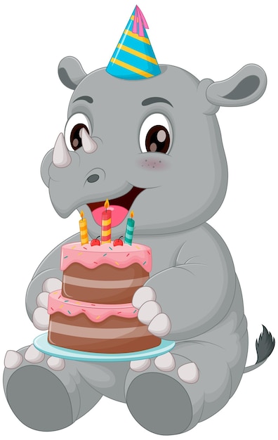 Cute Rhinoceros Cartoon Holding Birthday Cake Vector Illustration Animal Nature Icon Concept