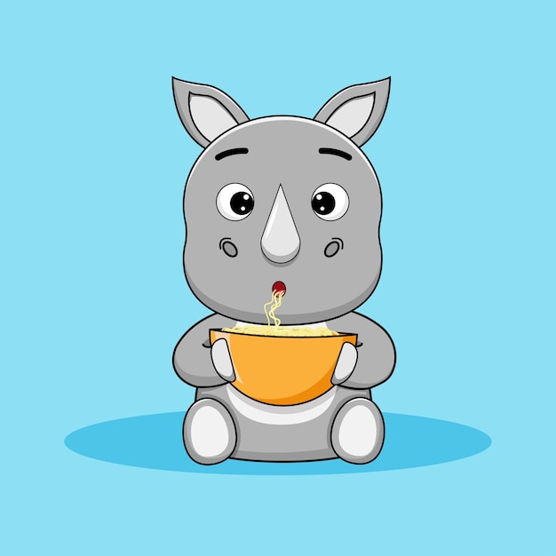 Cute rhinoceros eating noodles vector illustration