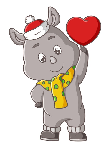 Il simpatico rinoceronte tiene in mano il segno d'amore per san valentino dell'illustrazione