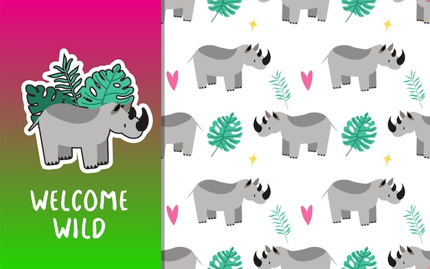 Simpatico rinoceronte con sfondo floreale personaggio dei cartoni animati animale della giungla modello di stampa alfabetica per bambini e motivo di sfondo senza cuciture design della superficie del tessuto disegnato a mano eps