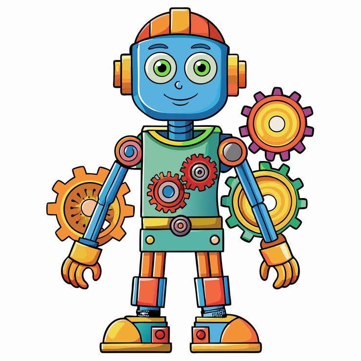 Vector cute robot boy with bright gear accents cartoon vector art
