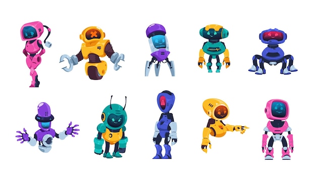 Cute robot cartoon artificial intelligence bot mascot funny robot characters wit arms legs and electronic heads vector science and technology person