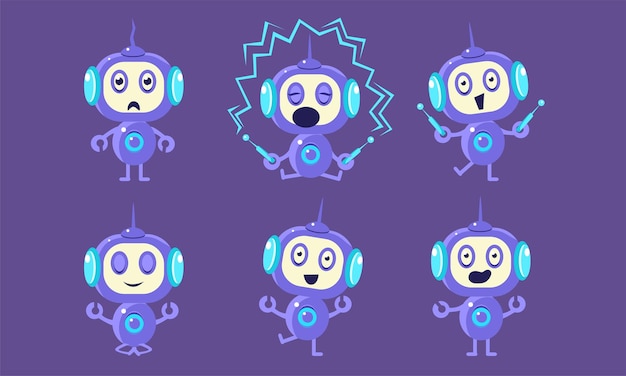 可愛いロボットキャラクターセット 異なる感情を示す可愛いロロボット ベクトルイラスト