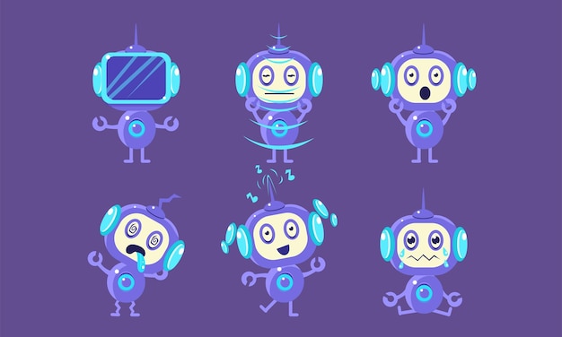 Vector cute robot character set funny robotics in different poses and various emotions vector illustration