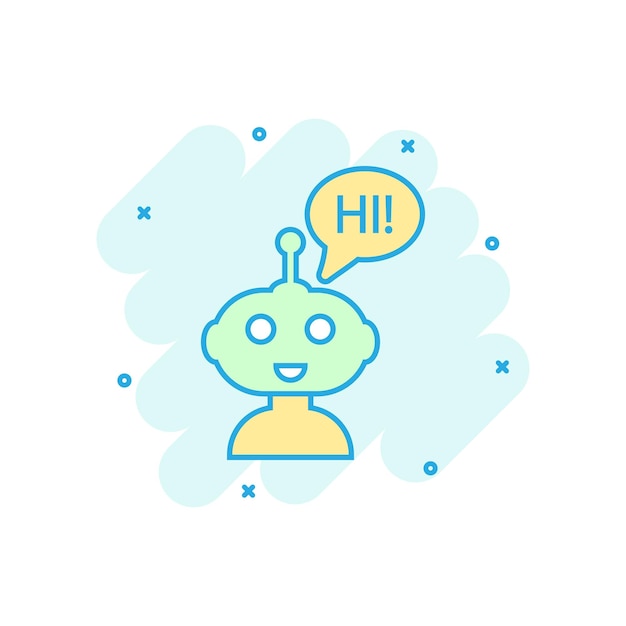 Cute robot chatbot icon in comic style Bot operator vector cartoon illustration pictogram Smart chatbot character business concept splash effect