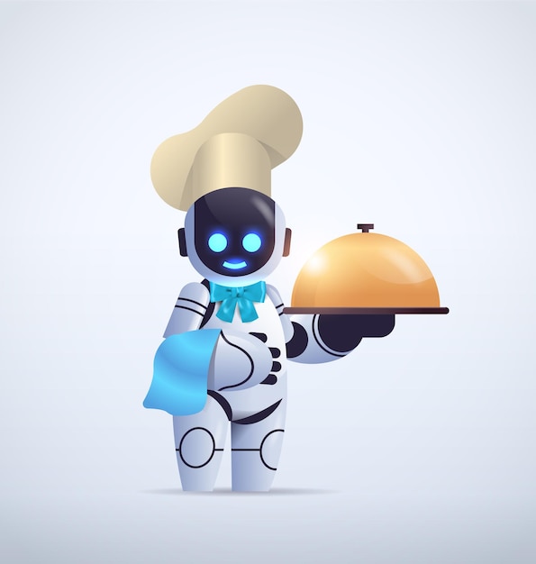 Simpatico chef robot con cappello che tiene in mano una cloche moderna personaggio robotico che cucina in cucina tecnologia di intelligenza artificiale