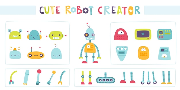 Vettore simpatico costruttore di robot per bambini creatore di robot cartoni animati personalizzati da parti set vettoriale di elementi droidi