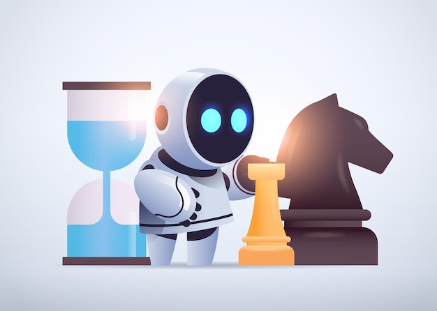 Cute robot cyborg playing chess strategy artificial intelligence technology