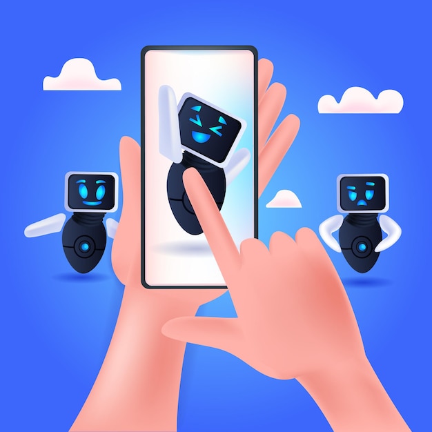 スマートフォン画面上のかわいいロボットサイボーグ手を振る現代のロボットキャラクター人工知能技術コンセプトベクトルイラスト
