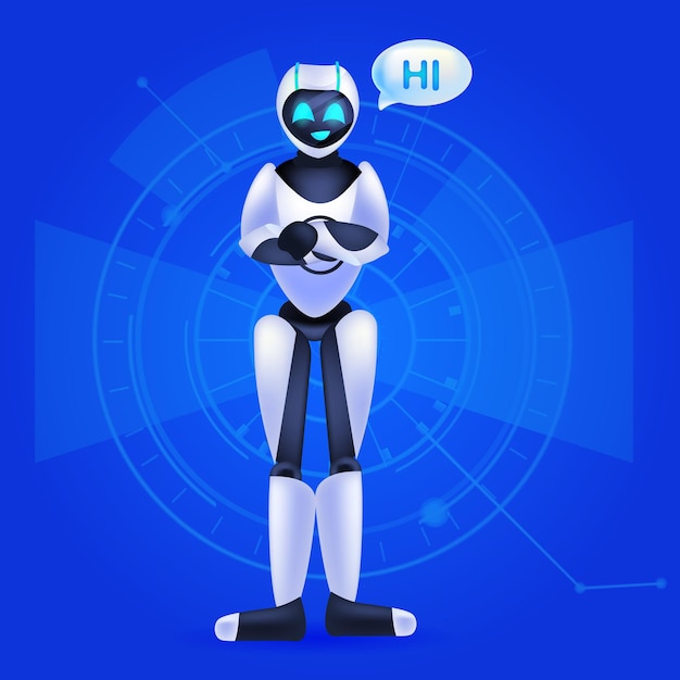 안녕 음성 채팅 거품 통신 chatbot 고객 서비스 인공 지능 기술 개념 전체 길이 벡터 일러스트와 함께 귀여운 로봇 사이보그