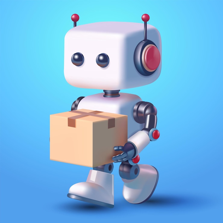 Vector cute robot delivering packages 3d design suitable for marketplaces and design elements