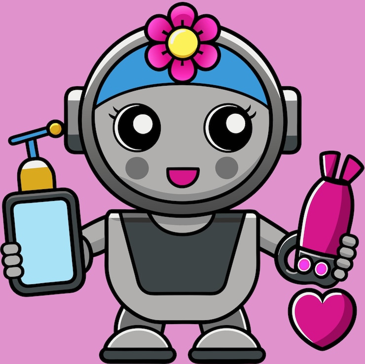 Vector cute robot girl holding a bottle of lotion and a heart