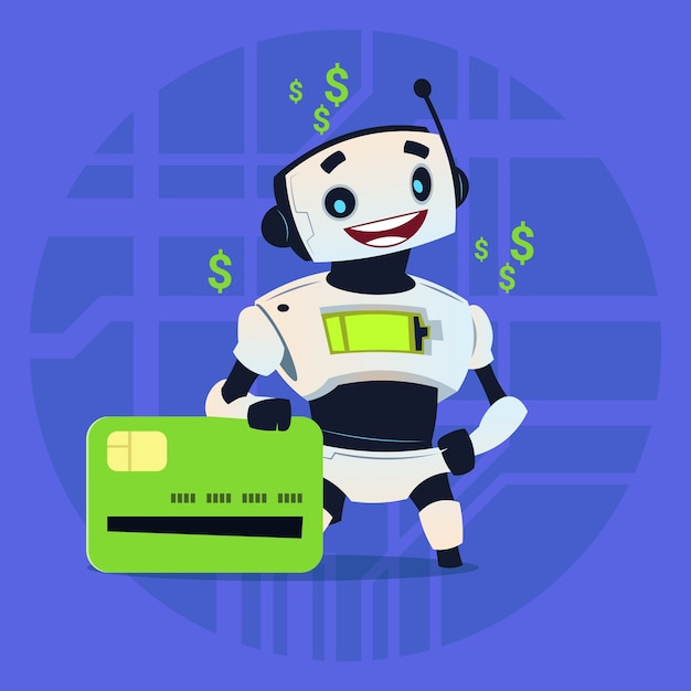 Cute robot hold credit card