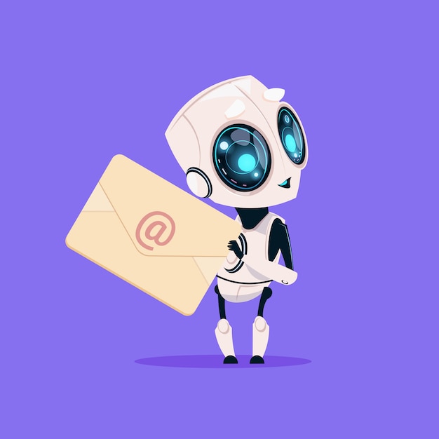 Cute robot hold envelope mail notification isolated icon on blue background modern technology artificial intelligence