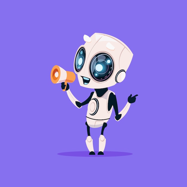 Cute Robot Hold Megaphone Isolated Icon On Blue Background Modern Technology Artificial Intelligence