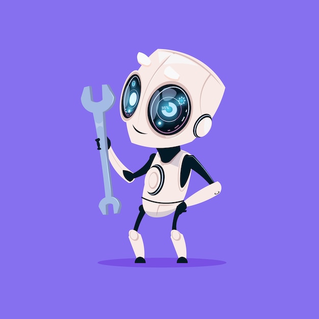 Cute Robot Hold Wrench Isolated Icon On Blue Background Modern Technology Artificial Intelligence 