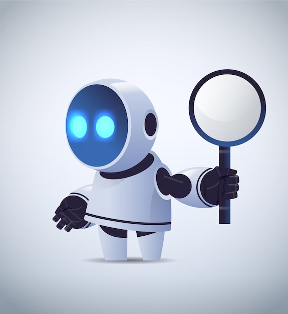 Cute robot holding magnifying glass data search artificial intelligence