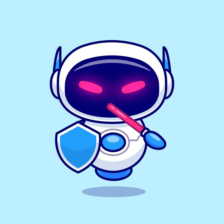 Vector cute robot holding sword and shield cartoon vector icon illustration science technology isolated