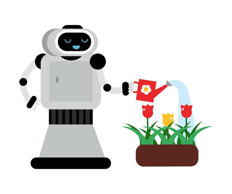 वेक्टर cute robot home assistant watering flowers vector illustration