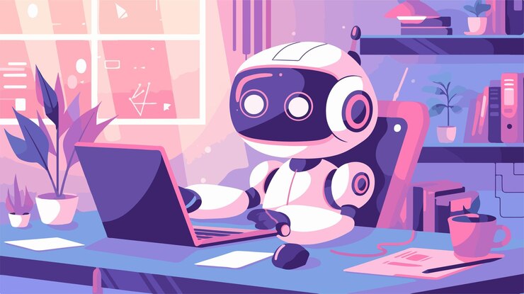 Vector cute robot interacting with laptop in modern work environment
